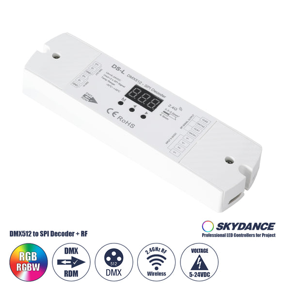 73142 DS-L SKYDANCE DC RF 2,4 GHz DMX512 zu SPI-Decoder DC 5–24 V – IP20 M17 x B5 x H2,5 cm – 5 Jahre Garantie