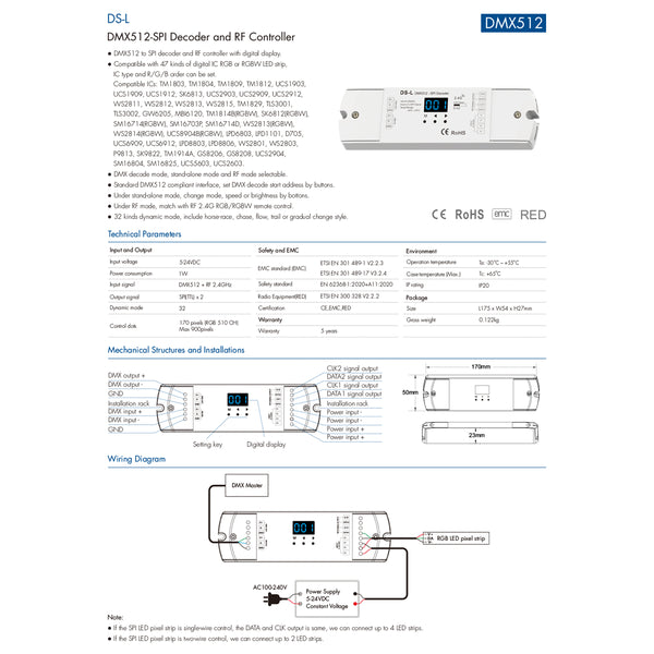 73142 DS-L SKYDANCE DC RF 2,4 GHz DMX512 zu SPI-Decoder DC 5–24 V – IP20 M17 x B5 x H2,5 cm – 5 Jahre Garantie