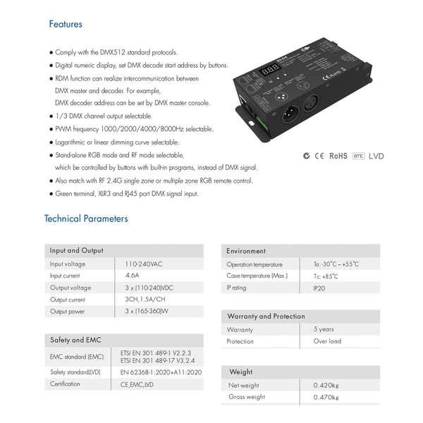 73144 S3-DX SKYDANCE AC DMX512 High Voltage LED Strip Decoder 3 Καναλιών AC 110-240V 3 x 1.5A 360W - Max 4.6A 360W - IP20 Π16.5 x Π7 x Υ3.7cm - 5 Χρόνια Εγγύηση