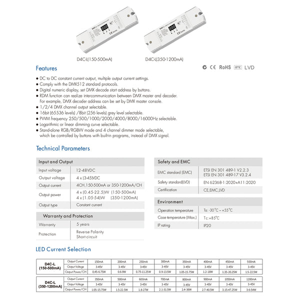 73145 D4C-L SKYDANCE DC DMX512 Constant Current & RDM Decoder 4 Καναλιών DC 12-48V 4 x 0.5A 22.5W - Max 2A 90W - IP20  Μ17 x Π5 x Υ2.5cm - 5 Χρόνια Εγγύηση