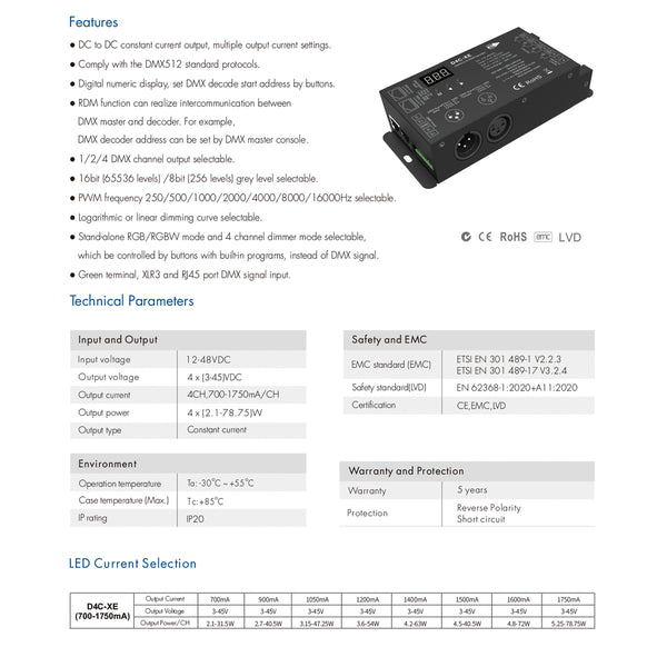 73147 D4C-XE SKYDANCE DC DMX512 Constant Current & RDM Decoder 4 Καναλιών DC 12-48V 4 x 1.75A 315W - Max 7A 315W - IP20 Π16.5 x Π7 x Υ3.7cm - 5 Χρόνια Εγγύηση