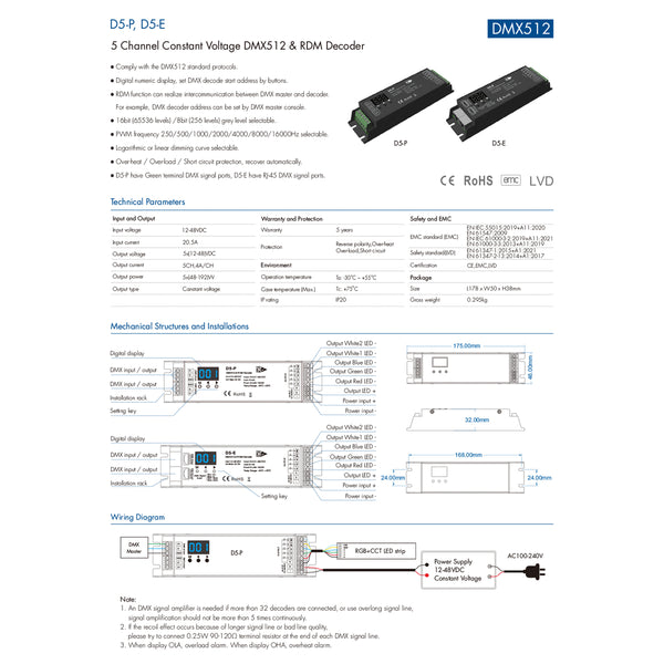 73148 D5-E SKYDANCE DC DMX512 & RDM Decoder 5 Καναλιών DC 12-48V 5 x 4A 960W - Max 20.5A 960W - IP20 Μ17.5 x Π4.5 x Υ3.3cm - 5 Χρόνια Εγγύηση