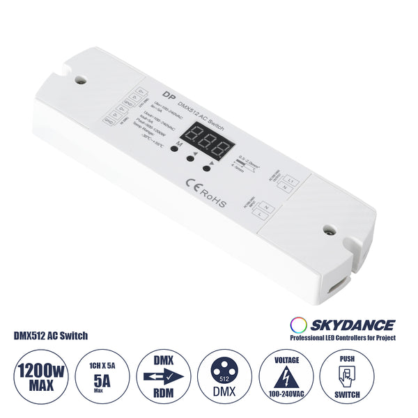 73156 DP SKYDANCE AC DMX512 Push Switch 1 Κανάλι AC 100-240V 1 x 5A 1200W - Max 5A 1200W - IP20  Μ17 x Π5 x Υ2.5cm - 5 Χρόνια Εγγύηση