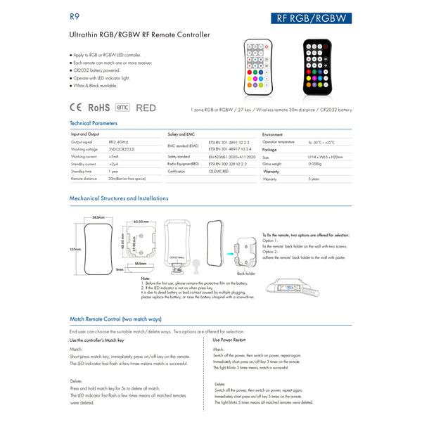 73158 R9 SKYDANCE Ασύρματο Χειριστήριο RF 2.4Ghz 1 Group για όλα τα Πολύχρωμα SKYDANCE Controller DC 3V 1 x CR2032 - IP20  Μ10.7 x Π5.8 x Υ1cm - 5 Χρόνια Εγγύηση