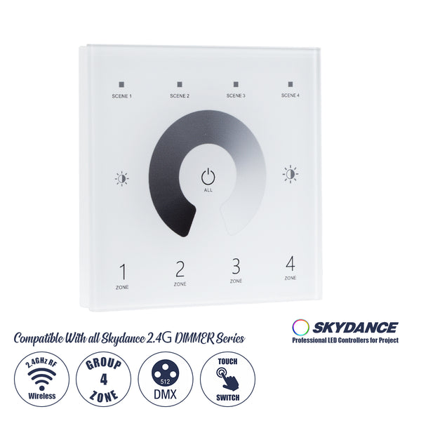 73159 T11 SKYDANCE Ασύρματο DMX512 Επιτοίχιο Χειριστήριο RF 2.4Ghz 4 Group για όλα τα SKYDANCE DMX512 Controller AC 100-240V Max 0.1A - IP20 Μ8.5 x Μ8.5 x Π8.5 x Υ3.5cm - 5 Χρόνια Εγγύηση