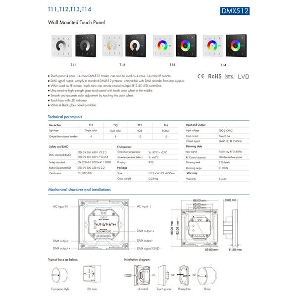 73160 T12 SKYDANCE Ασύρματο DMX512 Επιτοίχιο Χειριστήριο RF 2.4Ghz 4 Group για όλα τα SKYDANCE DMX512 Controller AC 100-240V Max 0.1A - IP20  Μ8.5 x Π8.5 x Υ3.5cm - 5 Χρόνια Εγγύηση