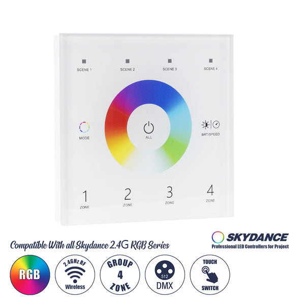 73161 T13 SKYDANCE Wireless DMX512 Wandcontroller RF 2,4 GHz 4 Gruppen für alle SKYDANCE DMX512 Controller AC 100–240 V Max. 0,1 A – IP20 M8,5 x B8,5 x H3,5 cm – 5 Jahre Garantie