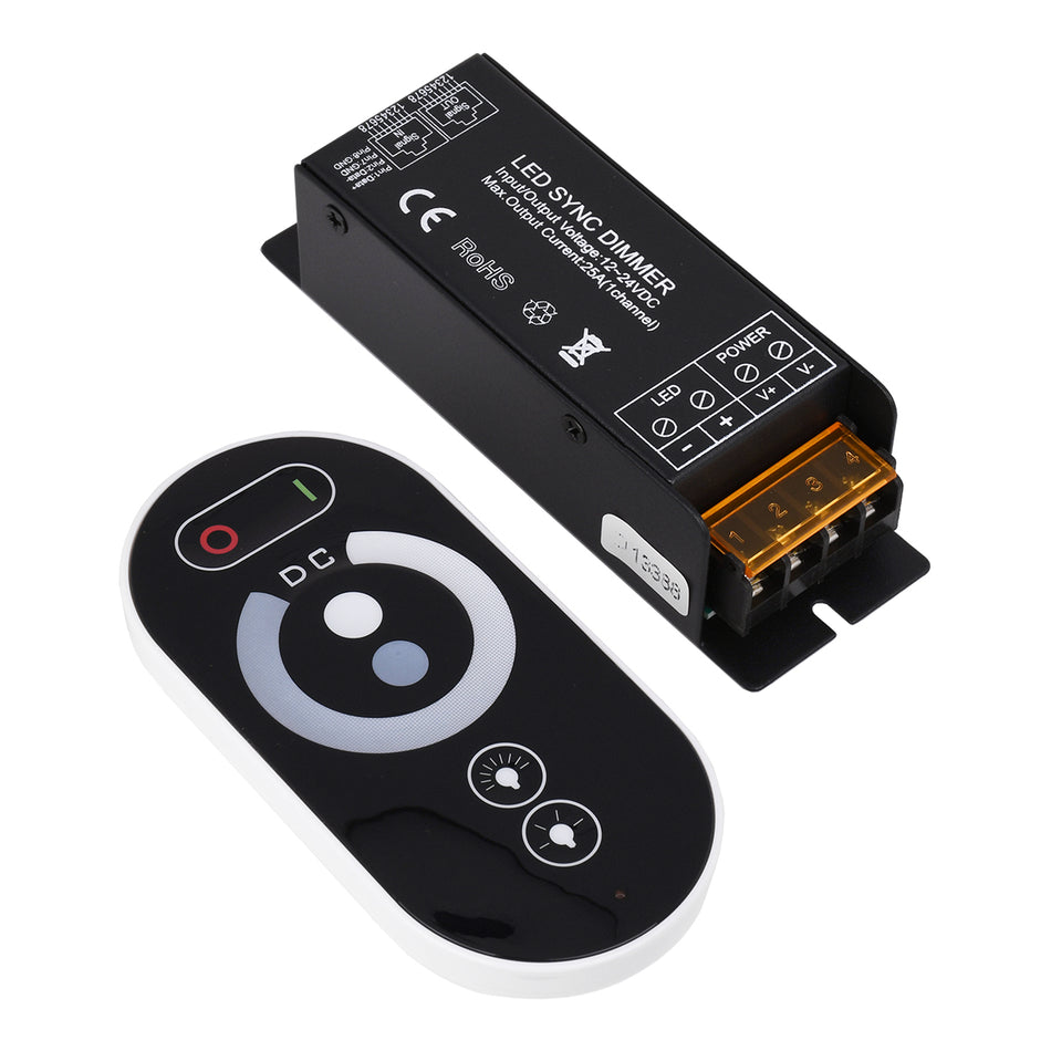 GLOBOSTAR® DIMMERIO 73312 Σετ Dimmer με RF Ασύρματο Χειριστήριο με 1 x 25A 600W Κανάλι DC 12-24V 25A 600W Max IP20 - RF2.4Ghz SYNC - Μ12.8 x Π4.1 x Υ3.4cm - 2 Χρόνια Εγγύηση