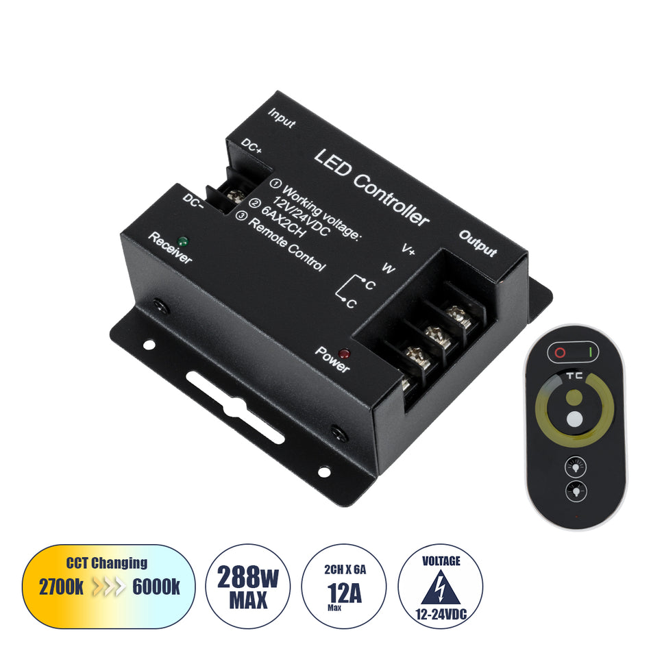 GLOBOSTAR® CCTCONTROLLER 73351 Σετ Dimmer / Controller με RF Ασύρματο Χειριστήριο με 2 x 6A 144W Κανάλια DC 12-24V 12A 288W Max IP20 - RF2.4Ghz SYNC - Μ8.3 x Π8.3 x Υ3.2cm - 2 Χρόνια Εγγύηση