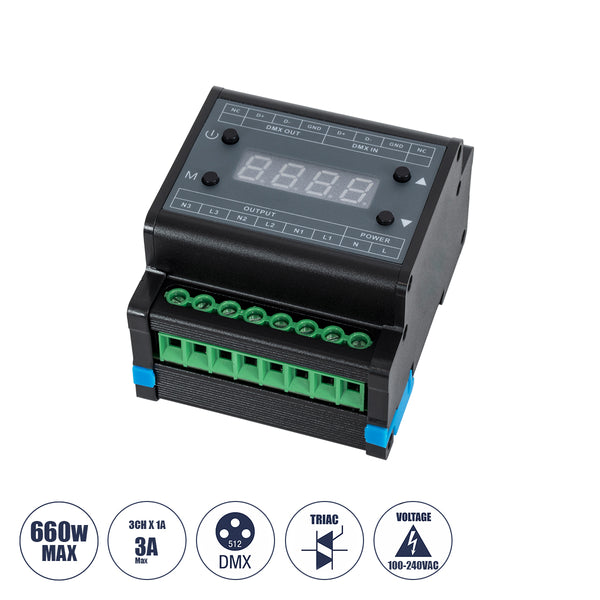 73372 AC Triac DMX Dimmer Din Rail Ράγας 3 Καναλιών AC 100-240V 3 x 1A 220W - Max 3A 660W - IP20 Μ8 x Π9 x Υ6cm - 5 Years Warranty