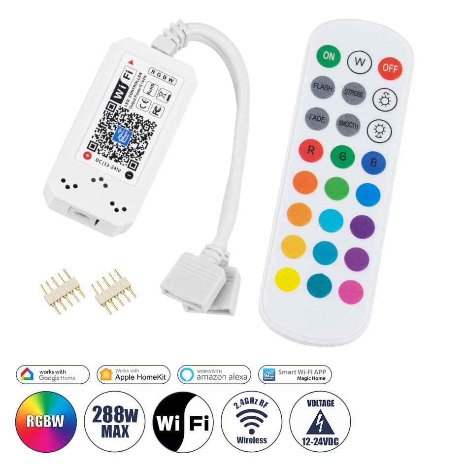GloboStar® 73404 Ασύρματος Smart Home Wi-Fi LED RGBW Controller με 2 Εξόδους RGBW και Χειριστήριο 2.4Ghz RF DC 12V Max 144W - DC 24V Max 288W