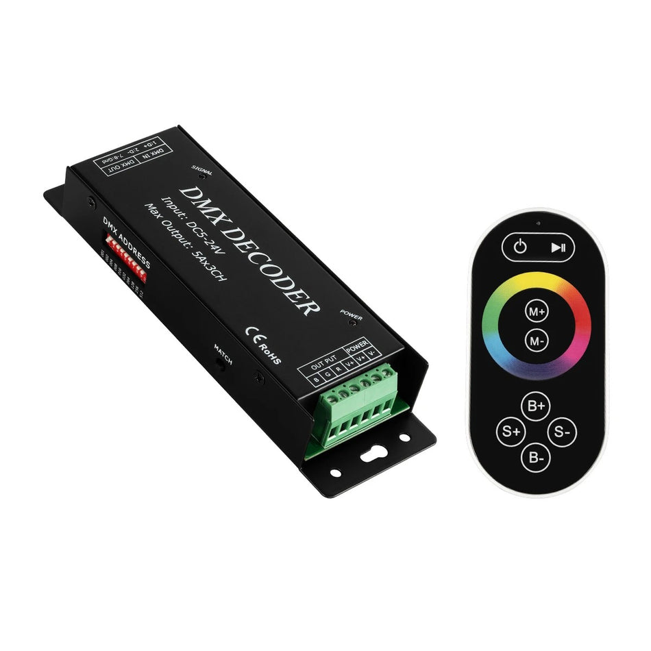  RGBCONTROLLER 73412 DMX Dimmer / Controller με RF Ασύρματο Χειριστήριο με 3 x 15A 75W Κανάλια DC 5-24V 15A 360W Max IP20 - DMX512 & RF2.4Ghz - Μ17.5 x Π3 x Υ3.5cm - 1 Χρόνος Εγγύηση