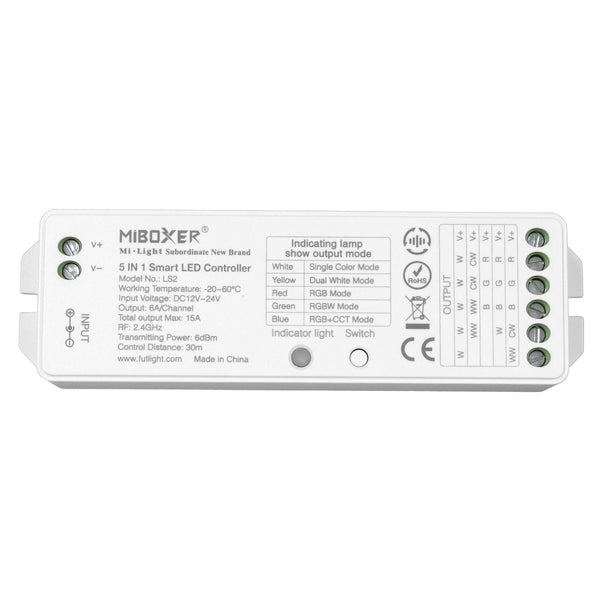 73422 LS2 Mi-BOXER DC RF 2.4Ghz 5 in 1 Dimmer High Speed Controller / Dimmer 5 Καναλιών DC 12-24V 5 x 3A 72W - Max 15A 360W - IP20 RGBW+WW Μ13 x Π5 x Υ2.5cm - 5 Years Warranty