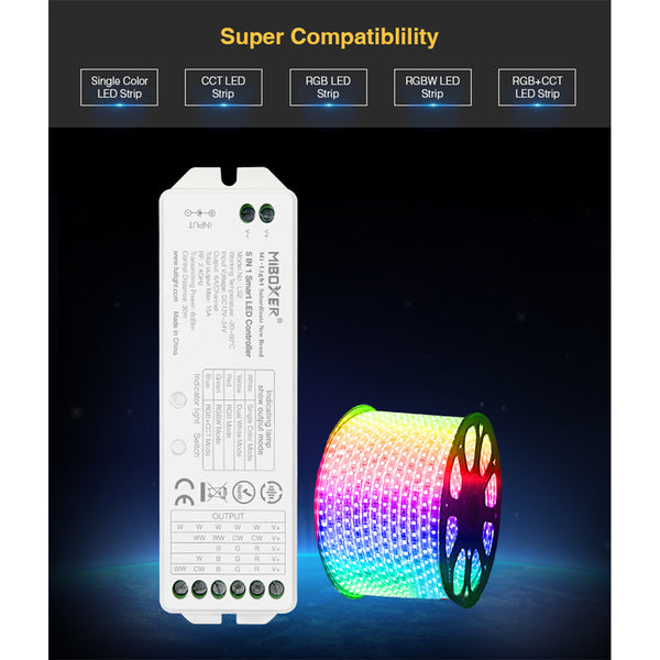 73422 LS2 Mi-BOXER DC RF 2.4Ghz 5 in 1 Dimmer High Speed Controller / Dimmer 5 Καναλιών DC 12-24V 5 x 3A 72W - Max 15A 360W - IP20 RGBW+WW Μ13 x Π5 x Υ2.5cm - 5 Years Warranty