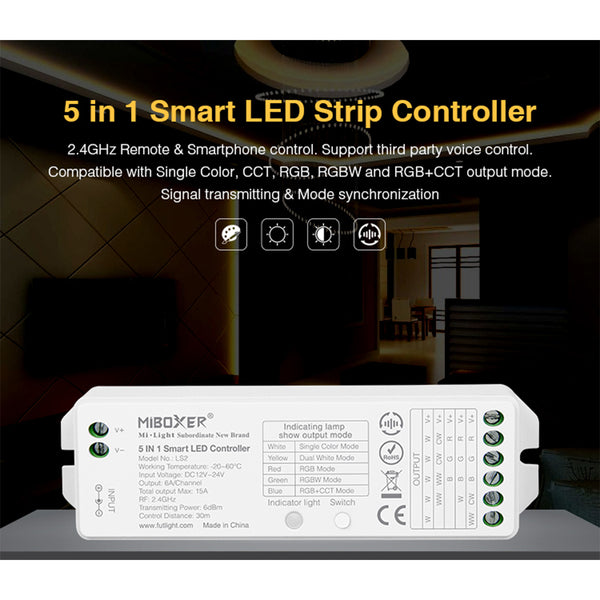 73422 LS2 Mi-BOXER DC RF 2.4Ghz 5 in 1 Dimmer High Speed Controller / Dimmer 5 Καναλιών DC 12-24V 5 x 3A 72W - Max 15A 360W - IP20 RGBW+WW Μ13 x Π5 x Υ2.5cm - 5 Years Warranty