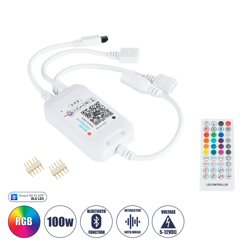 GloboStar® 73431 Ασύρματος Bluetooth LED RGB & Music Controller Sound Activated με Χειριστήριο IR & 2 Εξόδους RGB DC 5-12V Max 100W