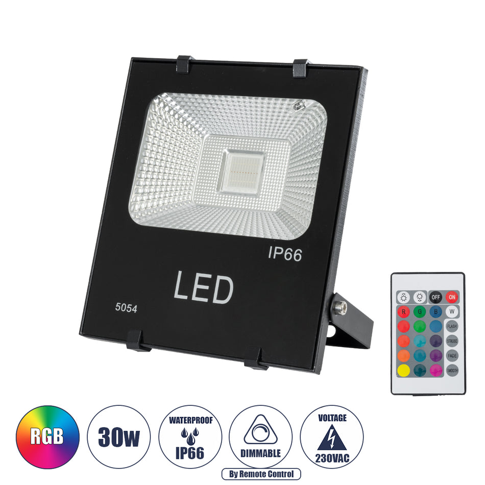 GLOBOSTAR® RGBFLOOD 75601 Προβολέας με IR Ασύρματο Χειριστήριο LED 30W 1950lm 120° AC 220-240V Αδιάβροχο IP66 Πολύχρωμο RGB Dimmable - Μαύρο Ματ - Μ17 x Π4.5 x Υ20cm - 2 Χρόνια Εγγύηση