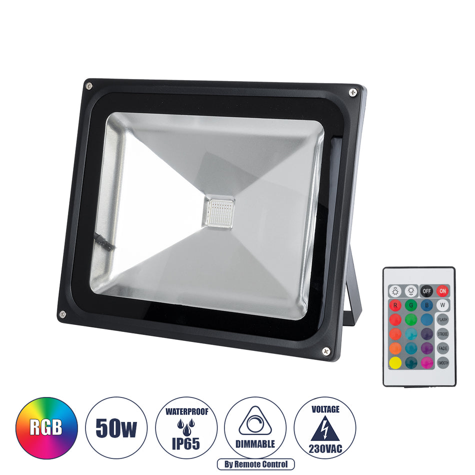 GLOBOSTAR® RGBFLOOD 75602 Προβολέας με IR Ασύρματο Χειριστήριο LED 50W 3250lm 120° AC 220-240V Αδιάβροχο IP66 Πολύχρωμο RGB Dimmable - Μαύρο Ματ - Μ28.5 x Π23.5 x Υ10cm - 2 Χρόνια Εγγύηση