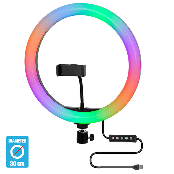 75802 Professional Digital Ring Light Φ30cm LED SMD 40W 4000lm 180° DC 5V με Καλώδιο Τροφοδοσίας USB - Ενσωματωμένο Χειριστήριο Εναλλαγής Χρωμάτων & 1 Βάση Τηλεφώνου - Πολύχρωμο RGBW+WW Dimmable