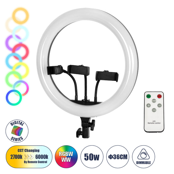 Professionelles digitales Ringlicht Φ36 cm LED SMD 50 W 5000 lm 180 ° DC 5 V mit USB-Stromkabel – integrierter und kabelloser RF 2,4 GHz Farbwechsel-Controller und 3 Telefonsockel – bunt RGBW+WW dimmbar