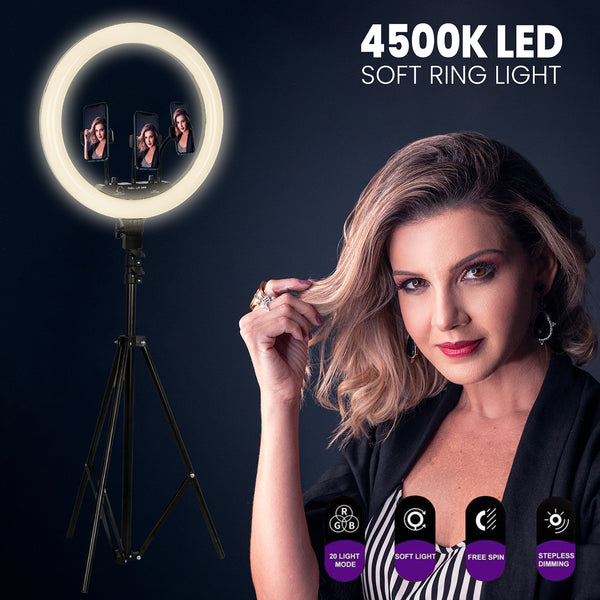 75803 Professional Digital Ring Light Φ36cm LED SMD 50W 5000lm 180° DC 5V με Καλώδιο Τροφοδοσίας USB - Ενσωματωμένο και Ασύρματο Χειριστήριο RF 2.4Ghz Εναλλαγής Χρωμάτων & 3 Βάσεις Τηλεφώνου - Πολύχρωμο RGBW+WW Dimmable