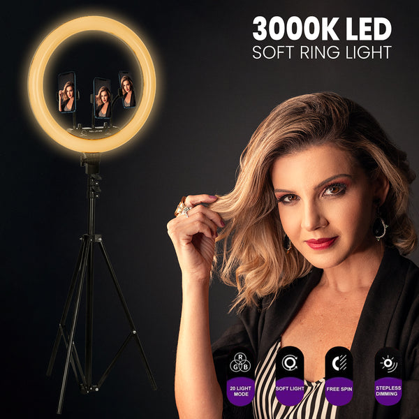 75803 Professional Digital Ring Light Φ36cm LED SMD 50W 5000lm 180° DC 5V με Καλώδιο Τροφοδοσίας USB - Ενσωματωμένο και Ασύρματο Χειριστήριο RF 2.4Ghz Εναλλαγής Χρωμάτων & 3 Βάσεις Τηλεφώνου - Πολύχρωμο RGBW+WW Dimmable