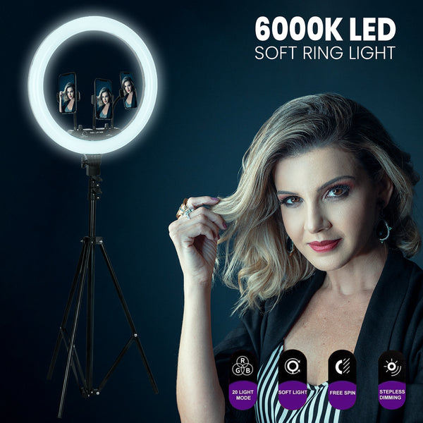 75803 Professional Digital Ring Light Φ36cm LED SMD 50W 5000lm 180° DC 5V με Καλώδιο Τροφοδοσίας USB - Ενσωματωμένο και Ασύρματο Χειριστήριο RF 2.4Ghz Εναλλαγής Χρωμάτων & 3 Βάσεις Τηλεφώνου - Πολύχρωμο RGBW+WW Dimmable