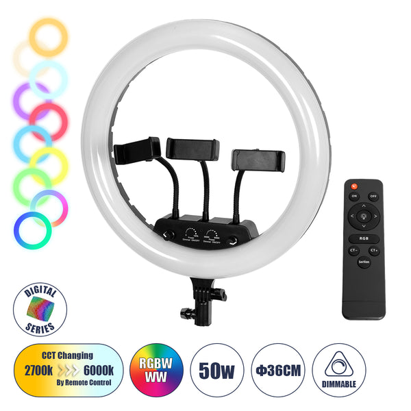 Professionelles digitales Ringlicht Φ36 cm LED SMD 50 W 5000 lm 180 ° AC 230 V mit Steckernetzkabel – RF 2,4 GHz farbwechselnder kabelloser Controller und 3 Telefonsockel – bunt RGBW+WW dimmbar