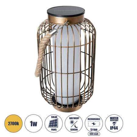 76487 Αυτόνομο Ηλιακό Κρεμαστό/Επιτραπέζιο Φωτιστικό Φαναράκι LED SMD 1W 100lm με Ενσωματωμένη Μπαταρία 600mAh - Φωτοβολταϊκό Πάνελ με Αισθητήρα Ημέρας-Νύχτας Χάλκινο Αδιάβροχο IP44 Θερμό Λευκό 2700K