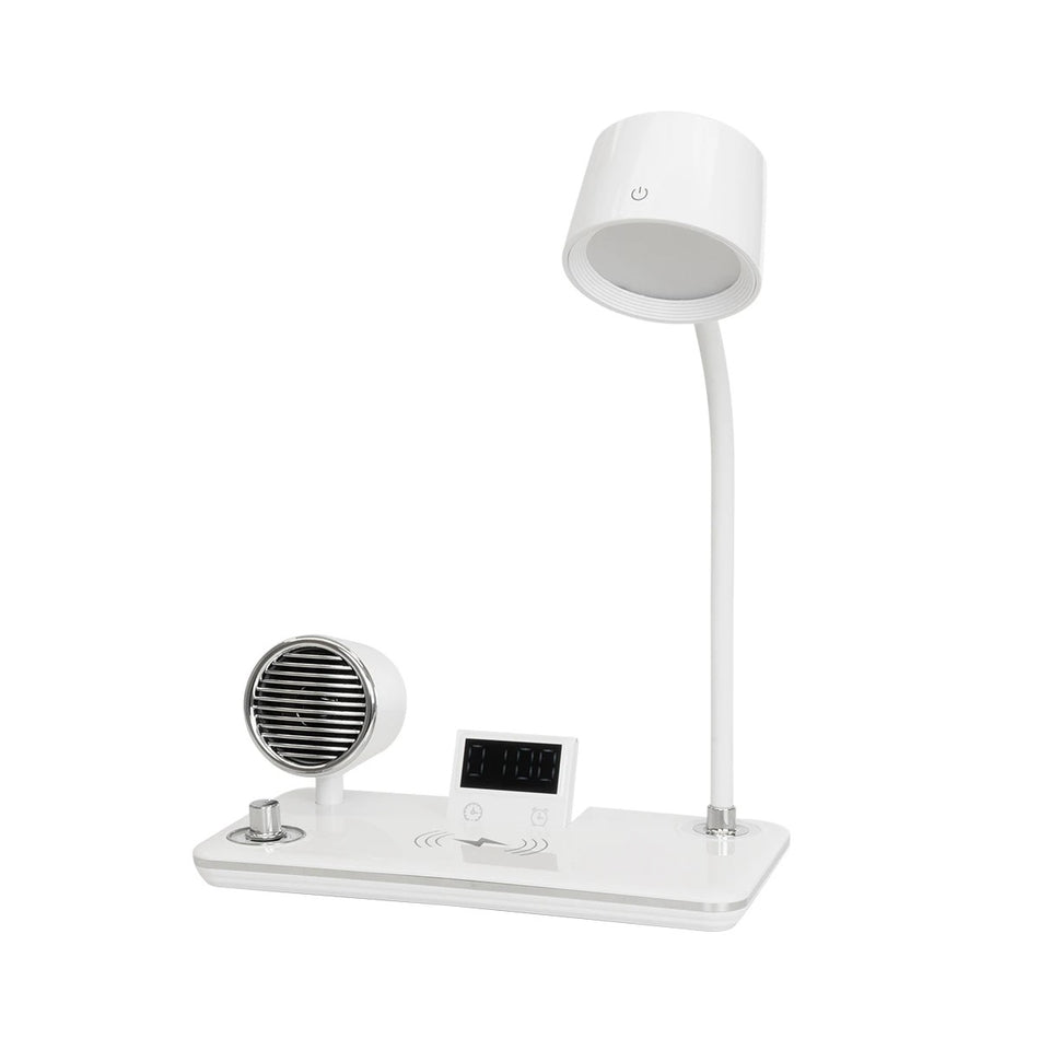 GLOBOSTAR® OLDY 76557 Μοντέρνο Επιτραπέζιο Φωτιστικό Γραφείου με Ασύρματη Φόρτιση 15W 3A, 5W Bluetooth Ηχείο & Ψηφιακό Ρολόι LED 3W 300lm 120° DC 5V με USB-C IP20 Ρυθμιζόμενο Λευκό CCT με Αφή 2700K/4500K/6000K Dimmable - Sanan SMD Chip - Λευκό - Μ13 x ...