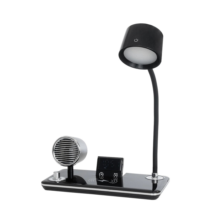 GLOBOSTAR® OLDY 76563 Μοντέρνο Επιτραπέζιο Φωτιστικό Γραφείου με Ασύρματη Φόρτιση 15W 3A, 5W Bluetooth Ηχείο & Ψηφιακό Ρολόι LED 3W 300lm 120° DC 5V με USB-C IP20 Ρυθμιζόμενο Λευκό CCT με Αφή 2700K/4500K/6000K Dimmable - Sanan SMD Chip - Μαύρο - Μ13 x ...