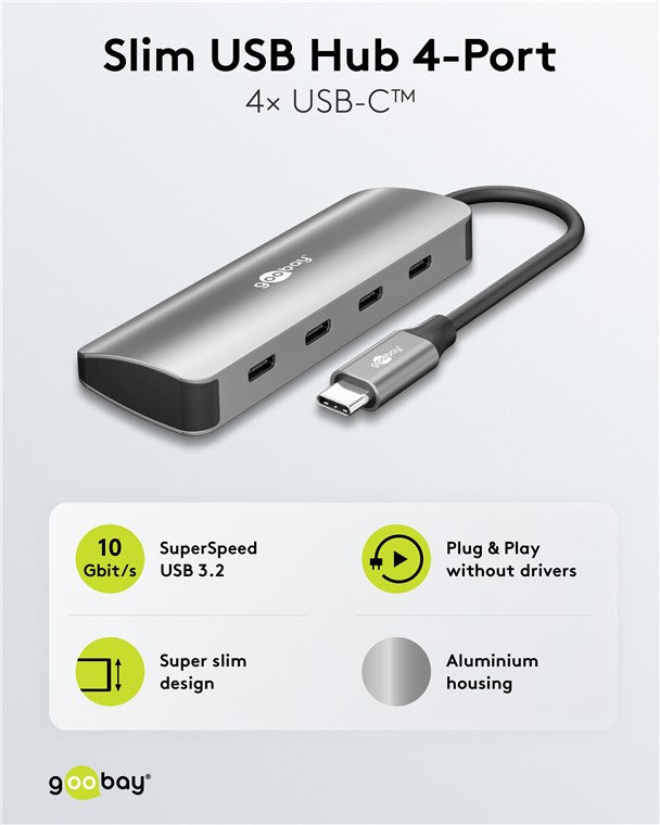GOOBAY USB hub 76565, 4x θυρών, USB 3.2, 10Gbps, USB-C σύνδεση, γκρι