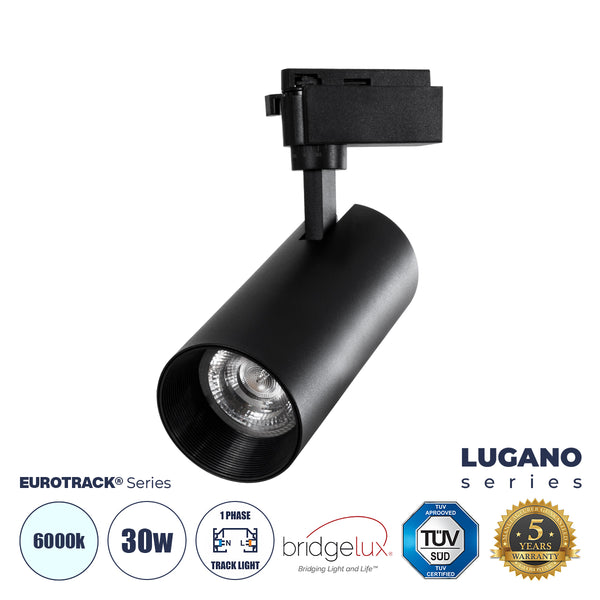 LUGANO Einphasige LED-Schienenleuchte 30 W 3900 lm 36° Acryl HQ-LINSE AC 220-240 V IP20 Φ7,5 x H22,7 cm Kaltweiß 6000 K – EUROTRACK®-System 1L+1N – Schwarz – Bridgelux-Chip – TÜV-zertifizierter Treiber – 5 Jahre Garantie