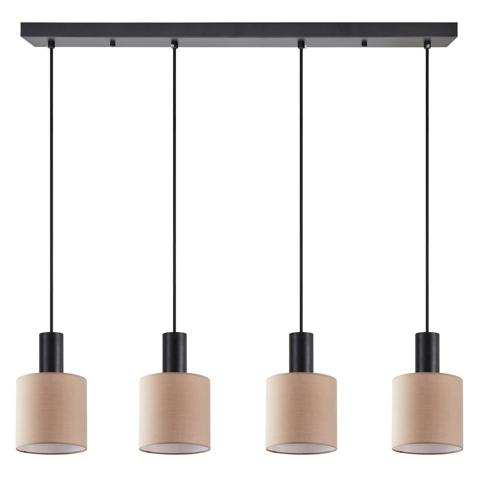 SE21-BL-4-4BL-SH3 ADEPT TUBE Black Pendant Brown Fabric Shade+