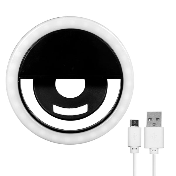 Selfie-Ringlicht, LED, SMD, 2 W, 200 lm, schwarzes Gehäuse, mit integriertem 500-mAh-Akku und Micro-USB-Ladekabel, Kaltweiß 6000 K, für Mobiltelefon und Tablet, Φ8,5 x H2,5 cm