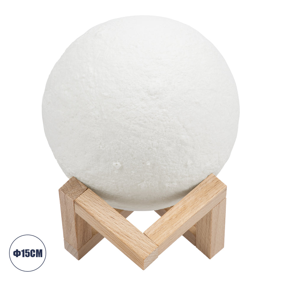 GloboStar® MOON 79605 Επιτραπέζιο Ανάγλυφο Διακοσμητικό Φωτιστικό Φ15cm 3D MOON LIGHT LED 3.7W DC 5V με Ενσωματωμένη Μπαταρία 500mAh Li-ion Επαναφορτιζόμενο - Καλώδιο Τροφοδοσίας USB και Διακόπτη Αφής CCT Θερμό Λευκό 3000K - Ψυχρό Λευκό 6000K Dimmable