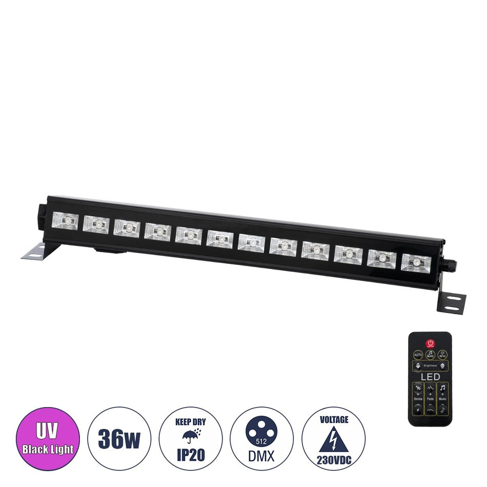 GLOBOSTAR® UVBAR 79660 Μπάρα Φωτισμού LED 36W 120° AC 220-240V IP20 Μαύρο Αλουμίνιο - Ultraviolet UV Black Light - DMX512 & Ασύρματο Χειριστήριο IR - Μ50 x Π6 x Υ6cm - 2 Χρόνια Εγγύηση