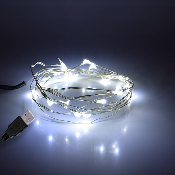 GLOBOSTAR® STRINGLIGHT 79730 Γιρλάντα 2m 20 LED 1.2W 96lm 360° DC 5V με USB 2.0 IP20 Ψυχρό Λευκό 6000Κ Dimmable - Ασημί - Μ200 x Π0.6 x Υ0.6cm - 1 Χρόνο Εγγύηση