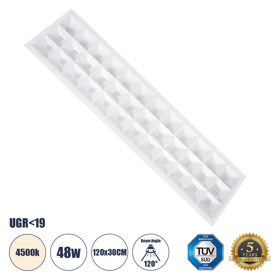 GLOBOSTAR® ZEUS 60972 Χωνευτό Panel Οροφής 120x30 με Anti Glare Reflector LED 48W 7200lm 120° CRI≥85Ra UGR<19 AC 220-240V IP20 Φυσικό Λευκό 4500K - Lumileds SMD Chip & TÜV SÜD Driver - Λευκό Γαλακτερό - Μ120 x Π30 x Υ3.3cm / Q116 x 26cm - 5 Χρόνια Εγγύηση