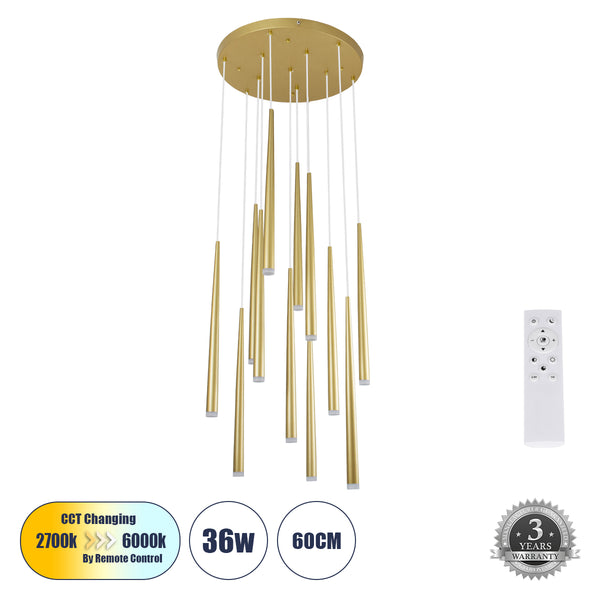 TEARS 61314 Κρεμαστό Φωτιστικό Οροφής Design LED CCT 36W 3960lm 180° AC 220-240V - Εναλλαγή Φωτισμού μέσω Τηλεχειριστηρίου All In One Ψυχρό 6000k+Φυσικό 4500k+Θερμό 2700k Dimmable Φ60 x Υ51.5cm - Χρυσό Βούρτσας - 3 Years Warranty