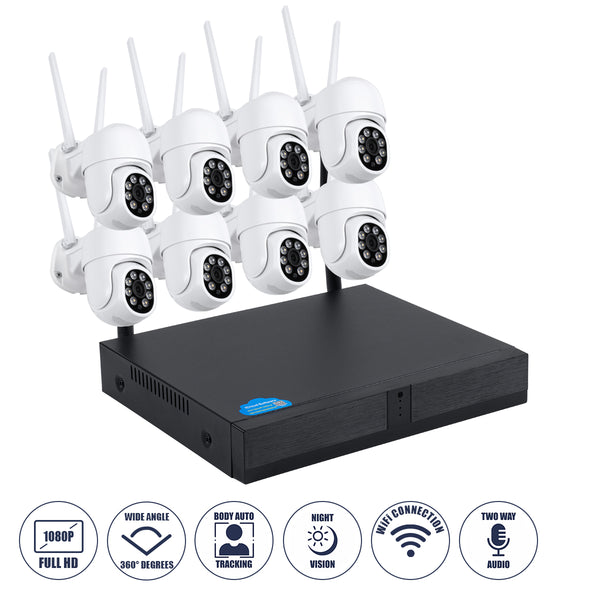 Kabelloser Rekorder mit 8 x Kamera 2 MP 1080P WiFi 360° – wasserdicht IP66 – Nachtsicht mit IR-LED – Sprache in zwei Richtungen – Bewegungsmelder – Nachtaufnahme