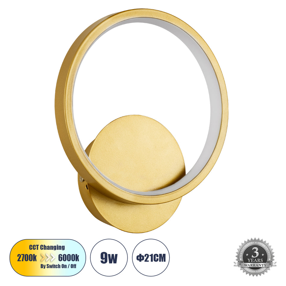 TED 61072 Μοντέρνο Φωτιστικό Τοίχου - Απλίκα LED 9W 1080lm 300° AC 220-240V IP20 Ρυθμιζόμενο Λευκό CCT με On/Off 2700K/4500K/6000K - Lumileds SMD Chip - Χρυσό Βούρτσας - Μ20 x Π5.5 x Υ23cm - 3 Χρόνια Εγγύηση