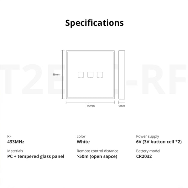 80067 SONOFF T2EU3C-RF - 433MHz Wireless Smart Wall Touch Button Switch 3 Way - RF Series