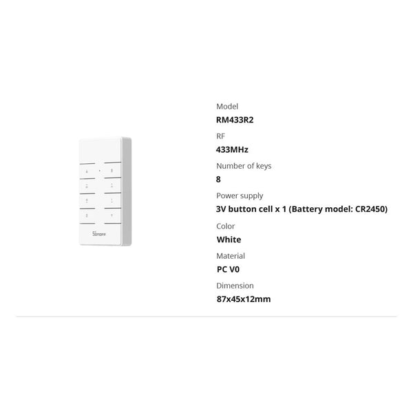 80074 SONOFF RM433R2 - Remote Controller RF 433Mhz 8 Key (Battery Included)