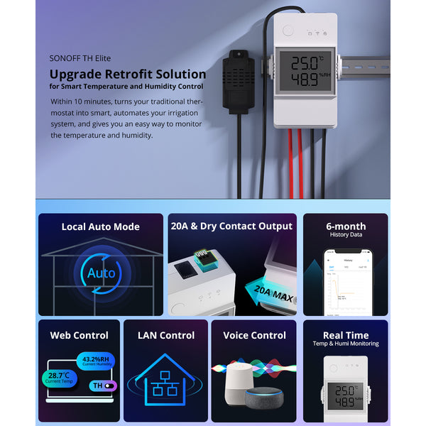 80077 SONOFF TH Elite THR316D Smart WiFi Temperature and Humidity Control RJ9 4P4C AC 100-240V MAX 16A