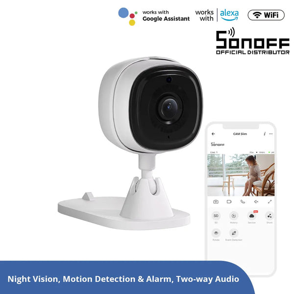 80105 SONOFF S-CAM Slim Smart Home Security Camera WiFi 2.4GHz 1080P 130° Two Way Audio - Local & Cloud Storage - Nigh Vision - Motion Detection - Motion Alarm DC 5V 1A