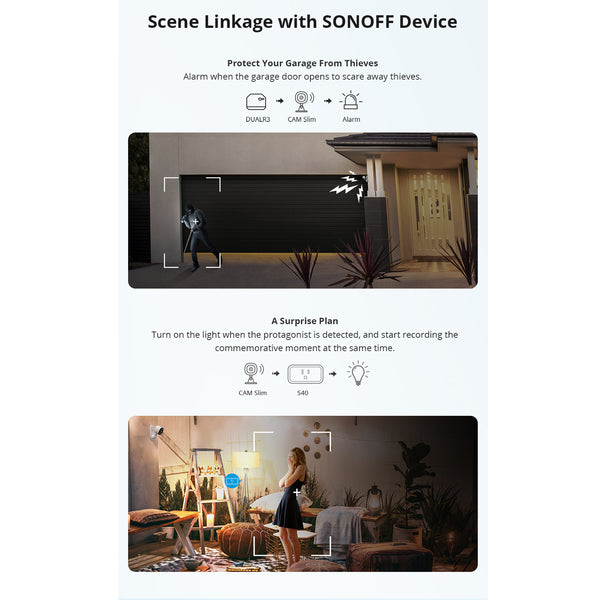 80105 SONOFF S-CAM Slim Smart Home Security Camera WiFi 2.4GHz 1080P 130° Two Way Audio - Local & Cloud Storage - Nigh Vision - Motion Detection - Motion Alarm DC 5V 1A