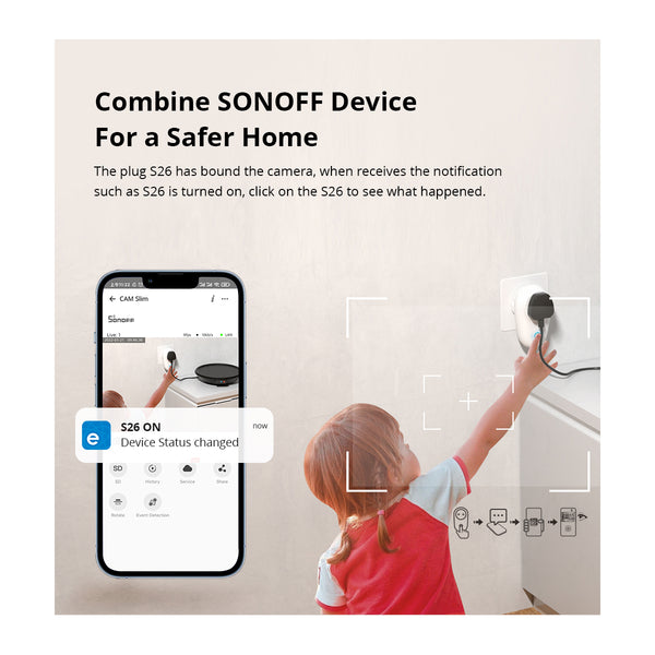 SONOFF S-CAM Slim Smart Home Sicherheitskamera WiFi 2,4 GHz 1080P 130° Zwei-Wege-Audio – lokaler und Cloud-Speicher – Nachtsicht – Bewegungserkennung – Bewegungsalarm DC 5 V 1 A