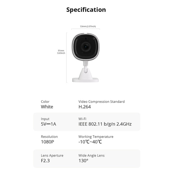 80105 SONOFF S-CAM Slim Smart Home Security Camera WiFi 2.4GHz 1080P 130° Two Way Audio - Local & Cloud Storage - Nigh Vision - Motion Detection - Motion Alarm DC 5V 1A