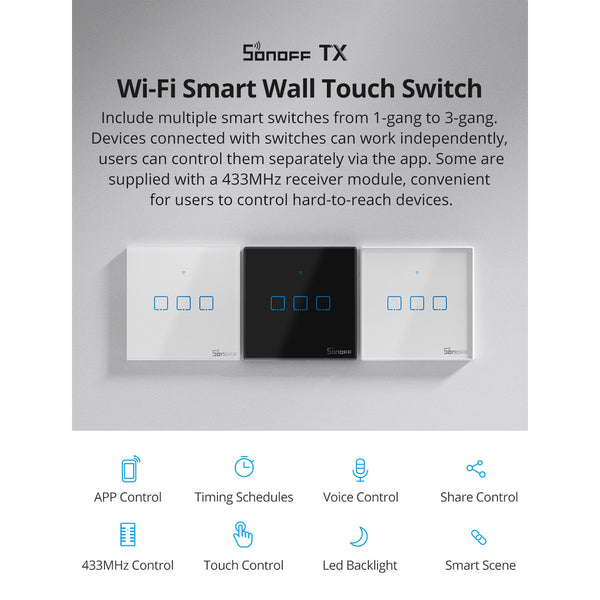 80131  SONOFF T2EU2C-RF - 433MHz Wireless Smart Wall Touch Button Switch AC 100-240V Max 4A (2A/Way) 2 Way - RF Series